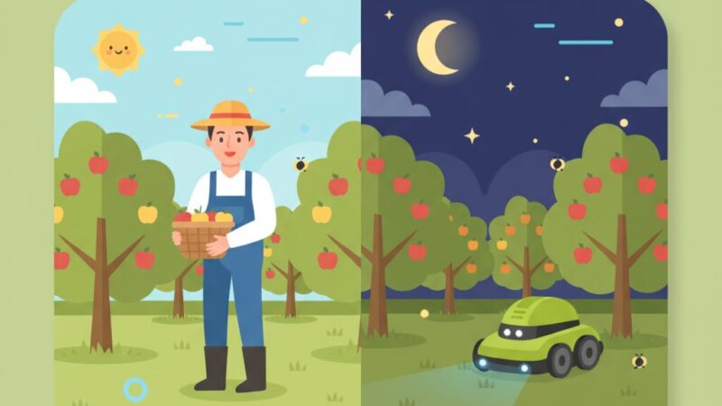 昼は人が収穫・夜はロボットが下草管理する24時間サイクル