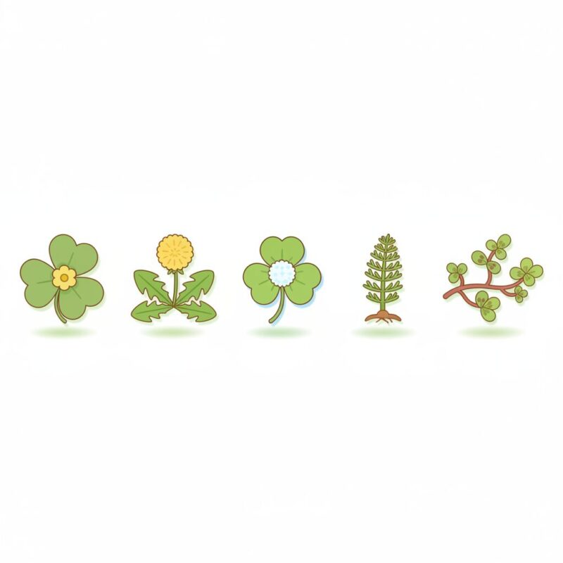 芝生に生える広葉雑草5種（カタバミ・タンポポ・クローバー・スギナ・コニシキソウ）の見分け方図解