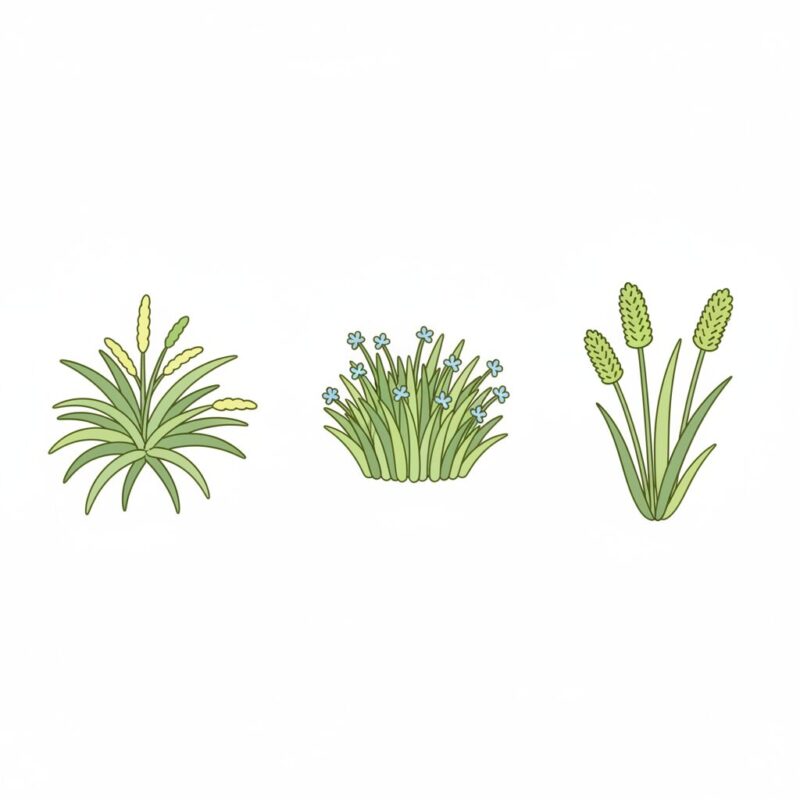 芝生に生えるイネ科雑草3種（メヒシバ・スズメノカタビラ・エノコログサ）の見分け方図解